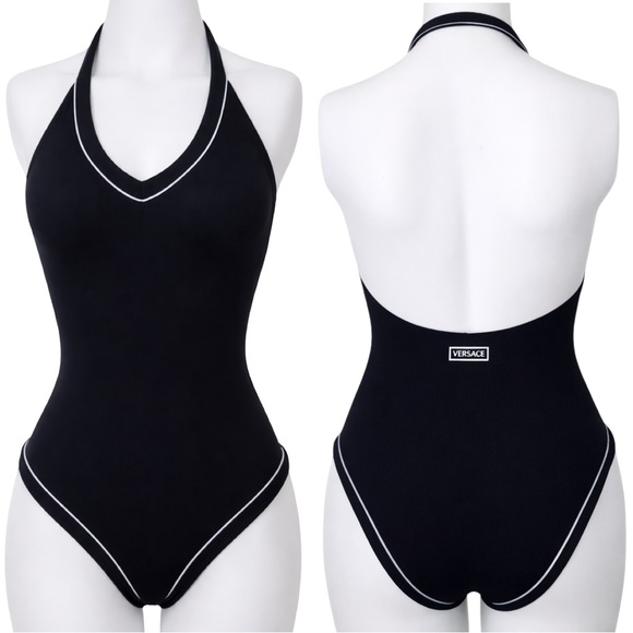 Versace Other - Versace 1990s Black Halter One-Piece Swimsuit White Piping US 8 IT 42